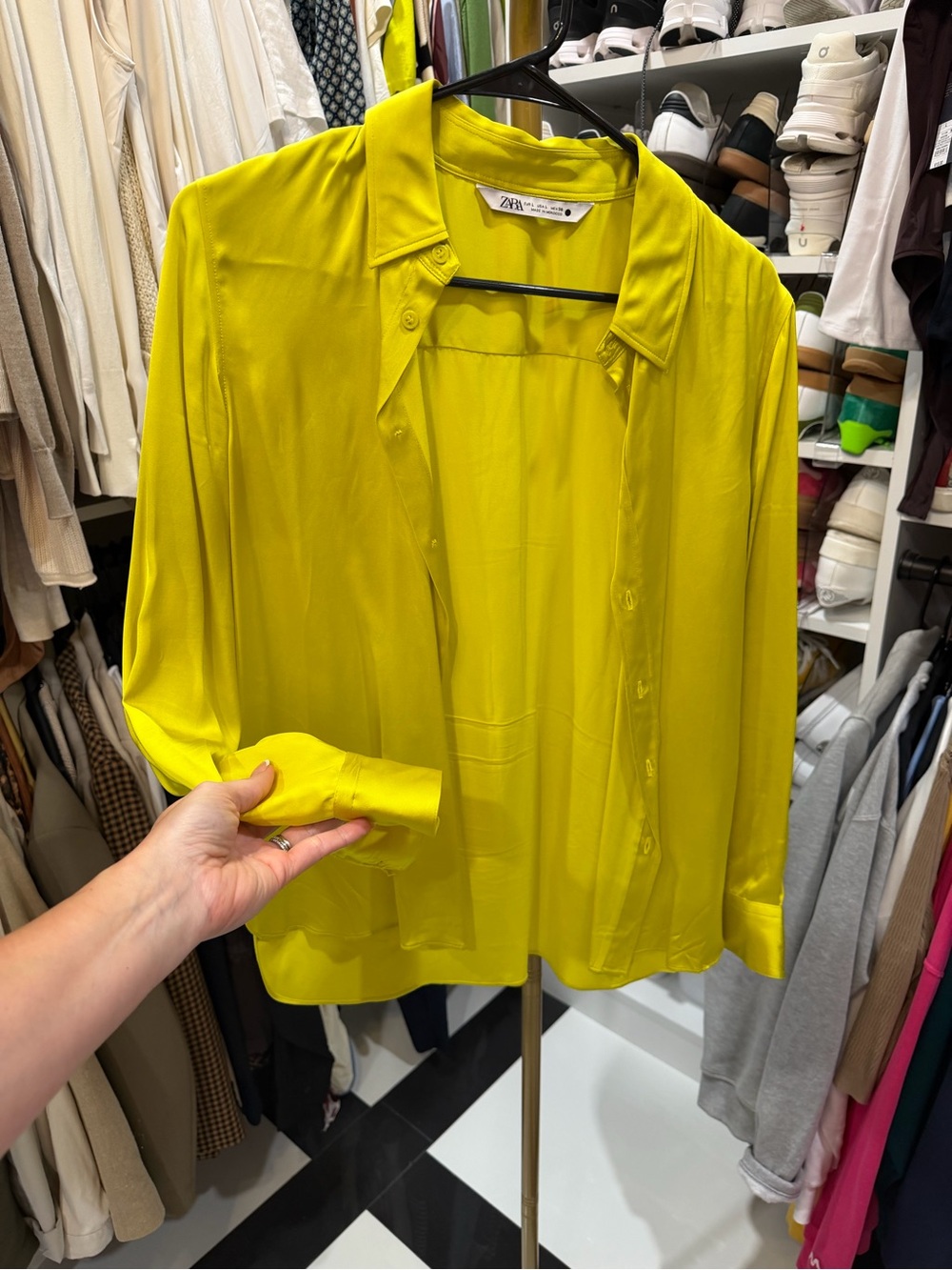 ZARA Women’s Satin Button-Up Blouse in Bright Yellow/Green